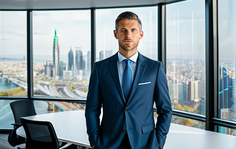 A focused business professional, male or female, in a modern, well-lit office, looking confidently at a holographic projection displaying intricate, organized data streams that form a clear, guiding path forward. Dressed in a modest business suit, fully clothed, appropriate attire, professional dress. The office features sleek, minimalist design with a panoramic city view in the background, suggesting foresight and clarity. A stylized, glowing compass icon is subtly integrated into the data visualization. High-quality professional photography, perfect anatomy, correct proportions, natural pose, well-formed hands, proper finger count, natural body proportions, sharp focus, clean composition, safe for work, appropriate content, family-friendly.