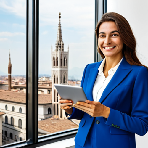 Home 20 **
A confident businesswoman in a stylish, modest Italian-designed suit, standing in a modern office overlooking the Duomo di Milano. The office is bright and airy, with contemporary Italian art on the walls. She is holding a tablet and smiling slightly. Fully clothed, appropriate attire, safe for work, perfect anatomy, natural proportions, professional, family-friendly, high quality.
**