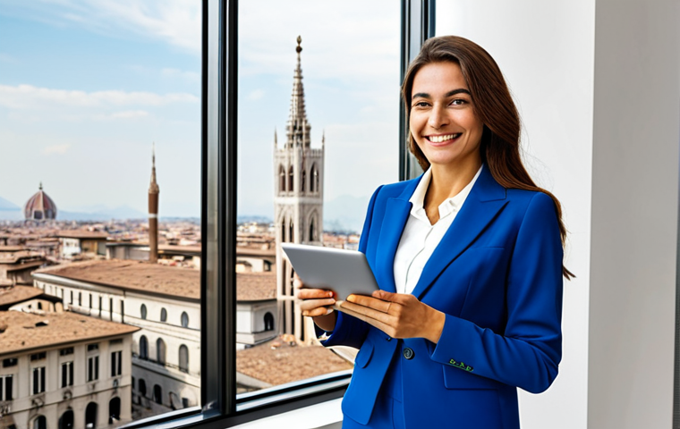 **
A confident businesswoman in a stylish, modest Italian-designed suit, standing in a modern office overlooking the Duomo di Milano. The office is bright and airy, with contemporary Italian art on the walls. She is holding a tablet and smiling slightly. Fully clothed, appropriate attire, safe for work, perfect anatomy, natural proportions, professional, family-friendly, high quality.
**