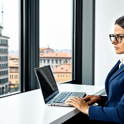 Home 11 Modern Italian Office**
"A confident Italian businesswoman, fully clothed in a tailored business suit and stylish glasses, working on a laptop in a bright, modern Milan office with large windows overlooking the city. Appropriate attire, safe for work, perfect anatomy, natural proportions, professional photograph, high quality."
**
