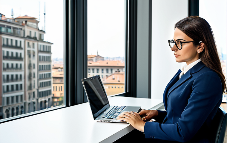 Modern Italian Office**
"A confident Italian businesswoman, fully clothed in a tailored business suit and stylish glasses, working on a laptop in a bright, modern Milan office with large windows overlooking the city. Appropriate attire, safe for work, perfect anatomy, natural proportions, professional photograph, high quality."
**